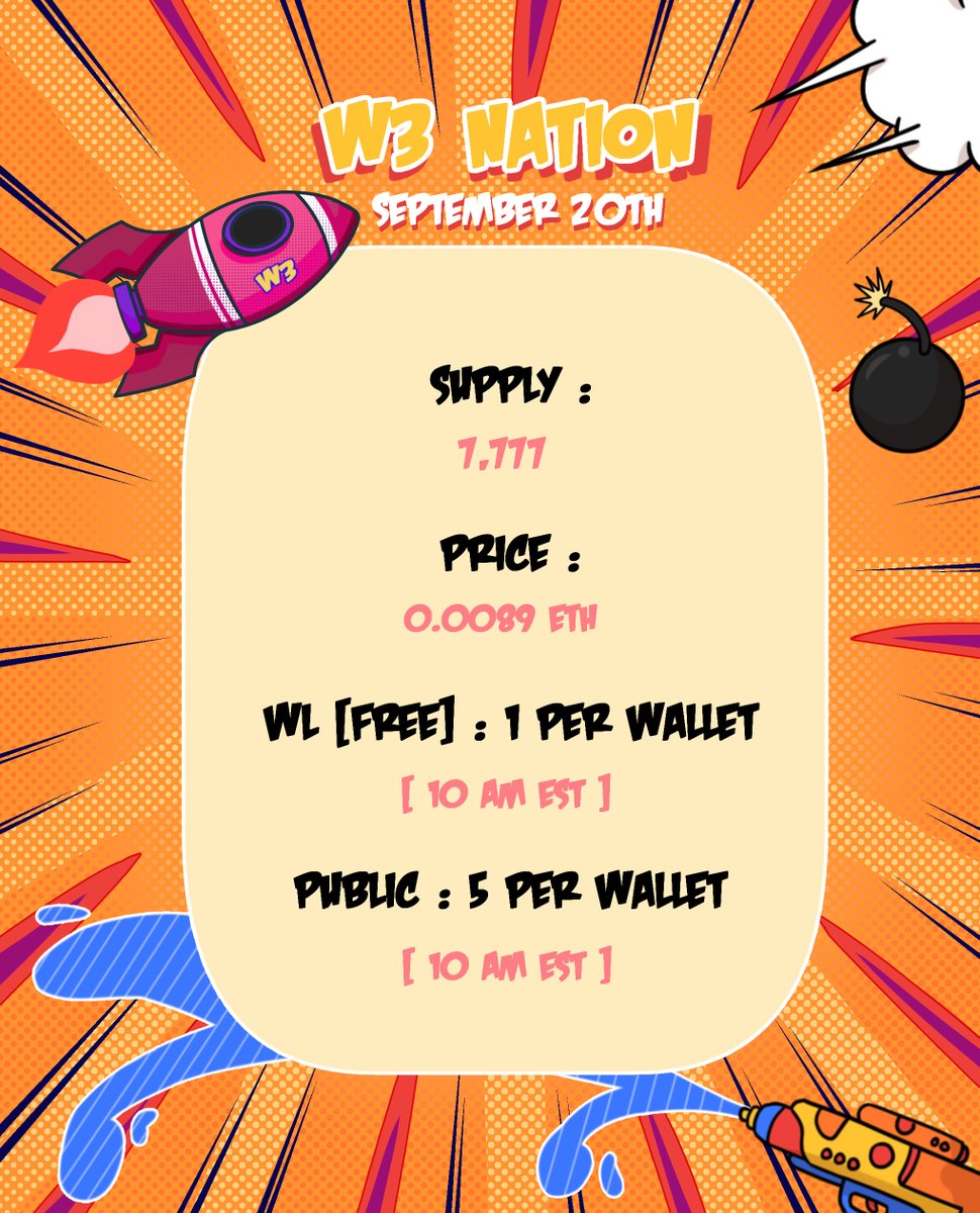 W3NationNFT's tweet photo. “THE TIME HAS COME!" 

//SEPTEMBER 20TH//
Details in the infographic 🔫

Max Mint = 5 per wallet
WL can choose to mint 1(Free) + 4(Paid) if they want to 

If your wallet is registered for WL, your first mint will be free and reserved for 24h. https://t.co/4h9syxT5Gg