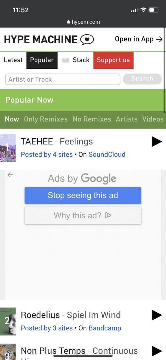 TaeheeRyoo's tweet photo. What is happening!! I’m so thrilled that Feelings is NO 1 on the @hypem popular chart right now!! https://t.co/mql1UoJ06A