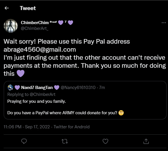 ChimberArt's tweet photo. ARMY!  REPORT THIS ACCOUNT!  THIS IS NOT ME AND THEY CREATED A HACK ACCOUNT TO GET DONATIONS FROM YOU ALL! https://t.co/Eqja0h83p4
