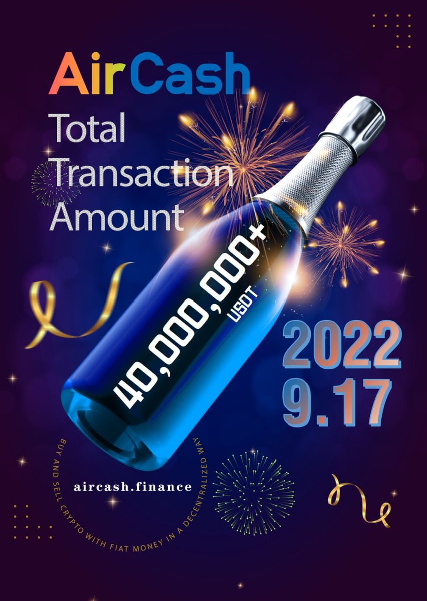 #AirCoin #AirCash
#AirCoinDAOLabs

AirCash milestones on September 17, 2022:
 The cumulative transaction value of AirCash exceeded 40 million U at 18:25 on September 17, 2022.

#BTC #DeFi #web3 
#ETH #BNB