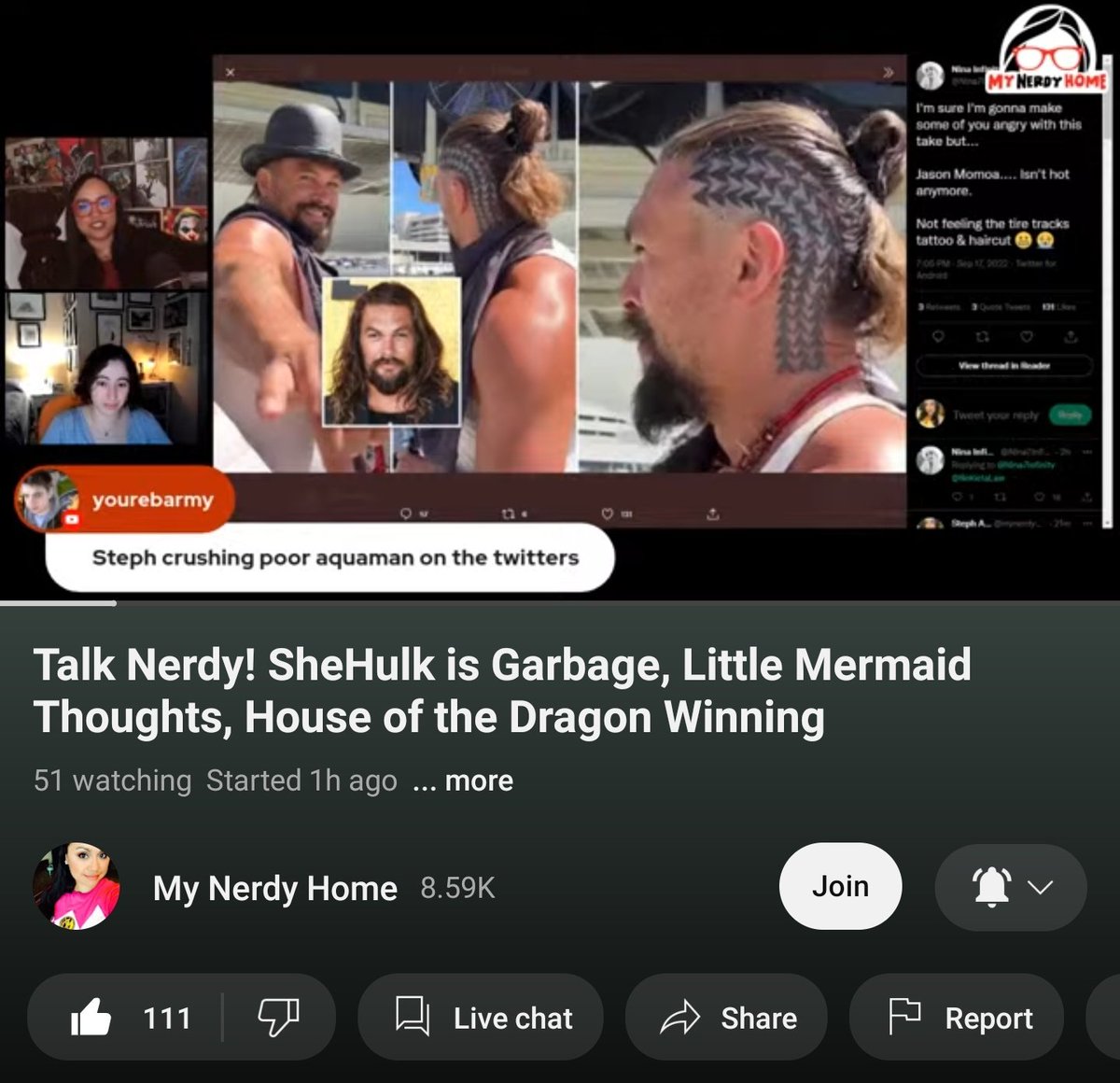 GNinjuh's tweet photo. 👄 #TalkNerdyToUs 🤓 IS 🚨LIVE!🚨
HOSTED BY STEPHANIE AND MARA JADE
#SheHulk | #LittleMermaid | #HouseOfTheDragon
🎙
@OG_MaraJade (#WillReturn)
@mynerdyhome
@BlabberingC Aka #WhiteSteph
🔧
@DjuricTine
@TreCourtney1996
@MegatronDarth
@OrangeHat1985
https://t.co/dp0Syjy4ah https://t.co/IqqV2NJJyF