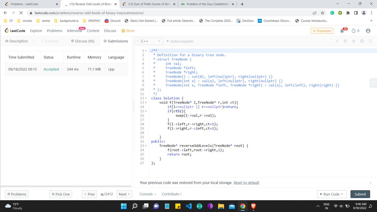 llDarkwayll's tweet photo. Day 80 of 100 Days of Code Program by
@CodeinCommunity

, Supported by
@MinutesCoding

Ques1:Odd Levels of Binary Tree(Leetcode)
Code link:https://t.co/UC2m5lqKPT
Discord:https://t.co/S4dOkeJfQi

#100daysofcodechallenge #codeincommunity #codein100daysofcode #100daysofcode #coding https://t.co/PPR4G95t7c