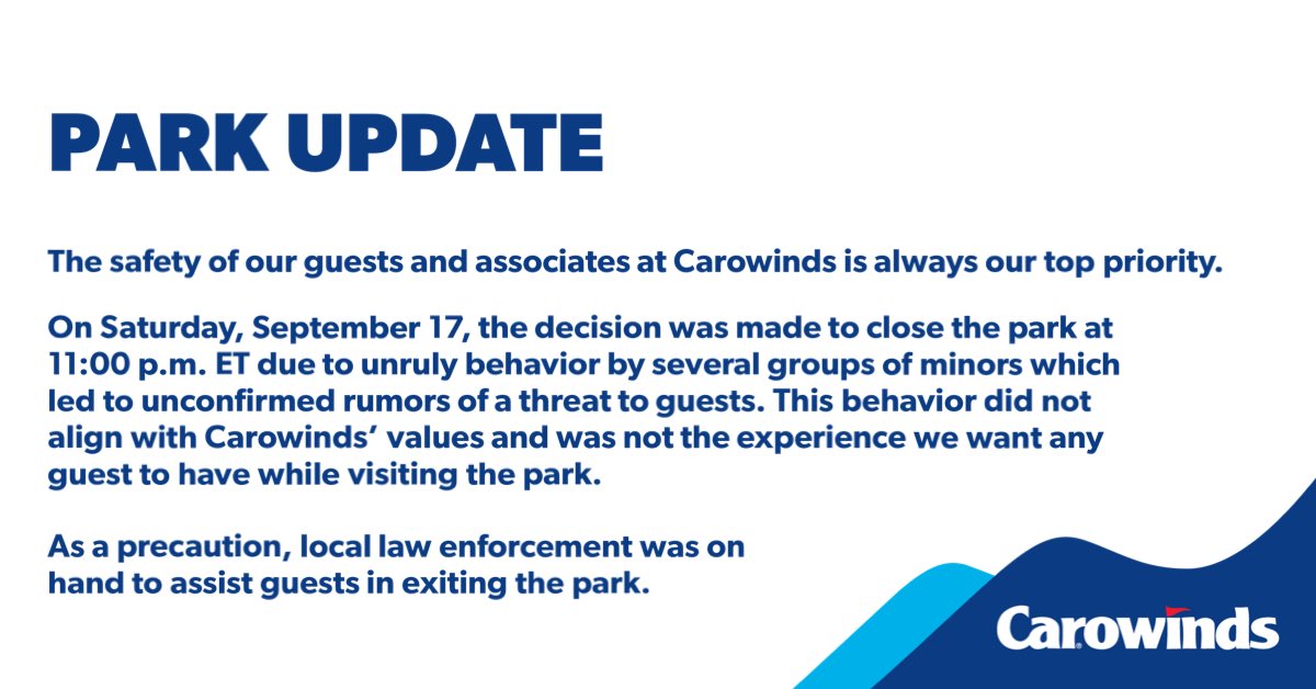 Carowinds's tweet image. Park update for Saturday, September 17, 2022.