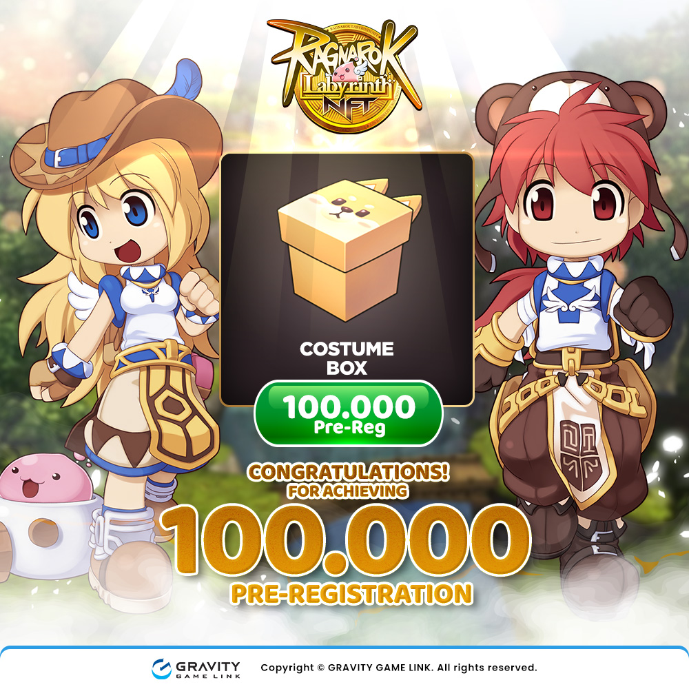 rolabyrinthnft's tweet photo. Hello RO Mania,
100,000 pre-register milestones reached, woohoo!! 🥳
"Costume Box" reward has been unlocked and you are entitled to have it! 😍
The reward will be distributed to all players when the global launch is released.
Keep sharing the global launch to unlock more rewards! https://t.co/RYVA6Ku5SW