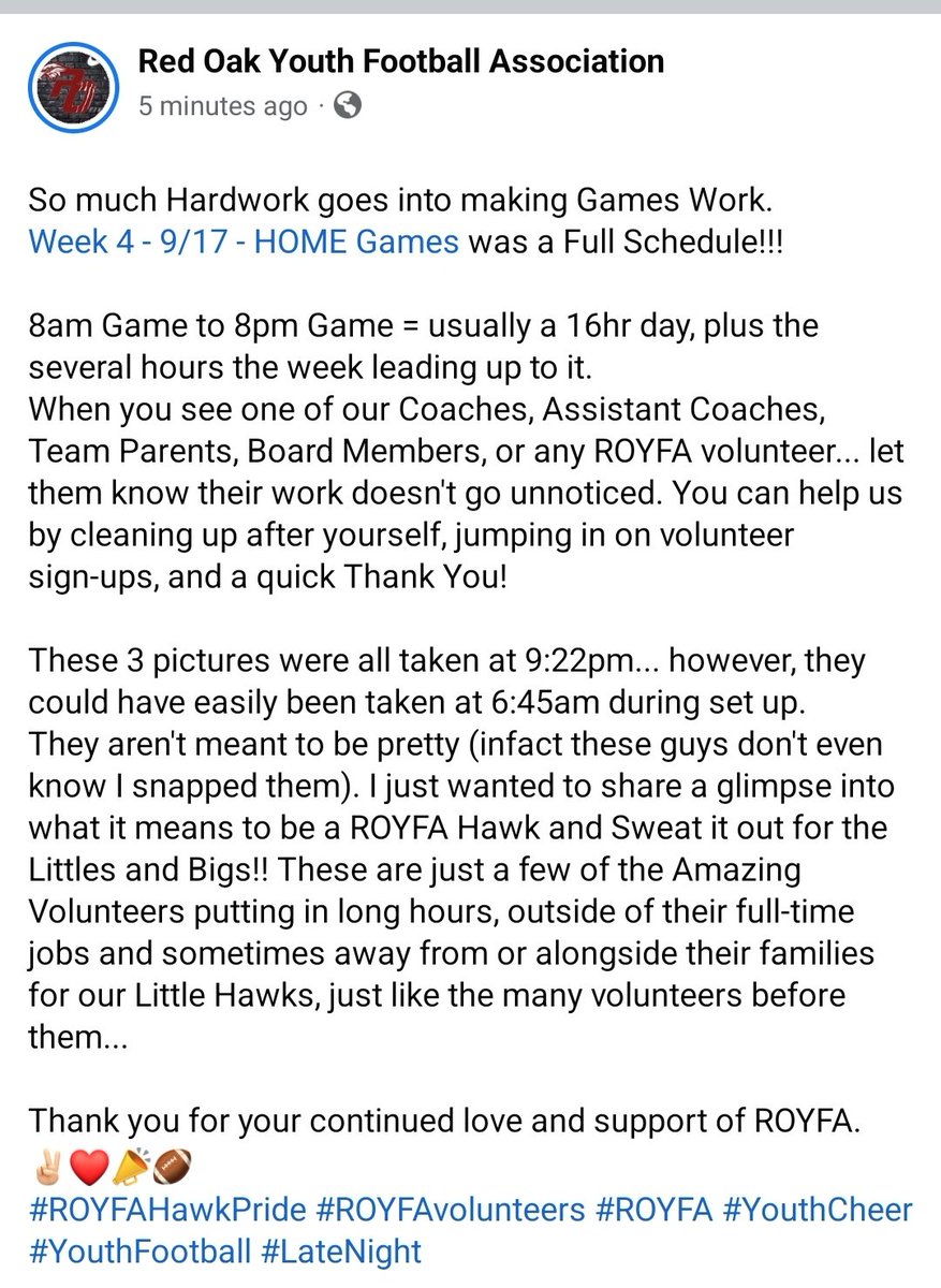 RedOakYFA's tweet photo. So much Hardwork goes into making Games Work. Today was a Full Schedule, usually that means a 16hr day, plus the many hours the week before... If you see a Coach, Asst Coach, Team Parent, Board Member, or any ROYFA volunteer... please let them know their work doesn't go unnoticed https://t.co/qkYKqI3W46