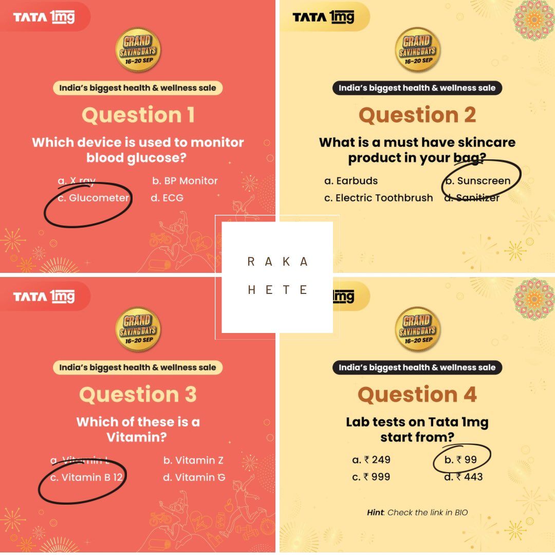 RakaHete's tweet photo. @1mgOfficial #Tatalmg #ContestAlert
Answers
Q1 Option C. Glucometer
Q2 Option B. Sunscreen
Q3 Option C. Vitamin B12
Q4 Option B. 99
#Tatalmg #GrandSavingDays
@GauravIngle13
@AshishT34155112 
@shubhambhadke1 https://t.co/kbXt4cUtgi