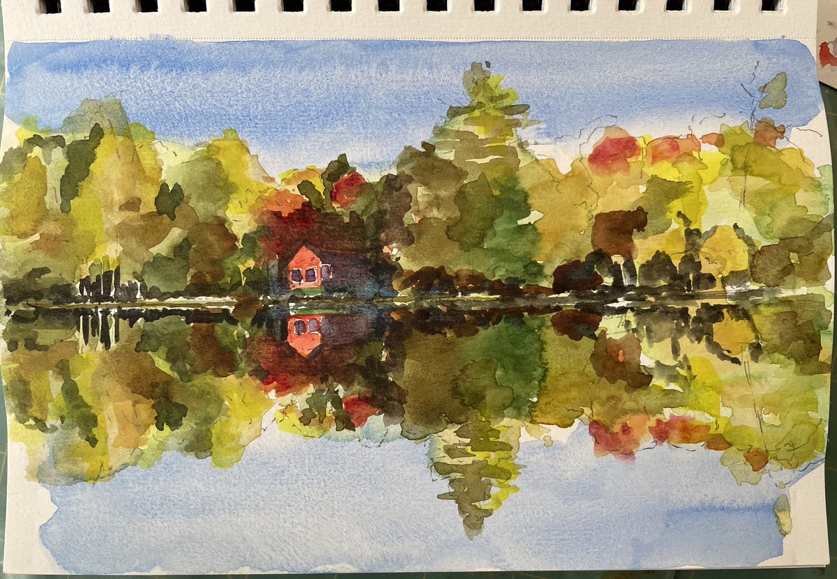 daviddpearce's tweet photo. Red Camp, Long Lake, Maine, October. 1) Initial notebook sketch and 2) painting (now on view at Thos. Moser showroom/gallery in Freeport, Maine) @ThosMoser @visitfreeport https://t.co/ovu1Rxd75a https://t.co/wnEJhlTC4Z