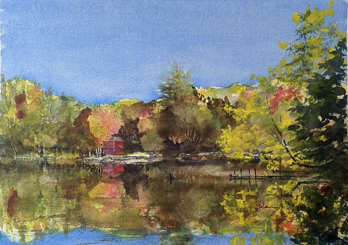 daviddpearce's tweet photo. Red Camp, Long Lake, Maine, October. 1) Initial notebook sketch and 2) painting (now on view at Thos. Moser showroom/gallery in Freeport, Maine) @ThosMoser @visitfreeport https://t.co/ovu1Rxd75a https://t.co/wnEJhlTC4Z