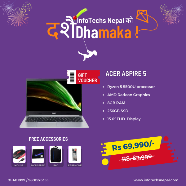 InfotechsNepal's tweet photo. 𝗔𝗰𝗲𝗿 𝗔𝘀𝗽𝗶𝗿𝗲 𝟱: It's fantastic value for money and a great choice for students.
Buy Now: https://t.co/dcdkYuUUQw
------------------------------------------------------------
𝗗𝗶𝘀𝗽𝗹𝗮𝘆: 15.6″ FHD 
P𝗿𝗼𝗰𝗲𝘀𝘀𝗼𝗿: Ryzen 5 5500U processor
G𝗿𝗮𝗽𝗵𝗶𝗰𝘀: AMD Radeo https://t.co/fJlNyYmzRs