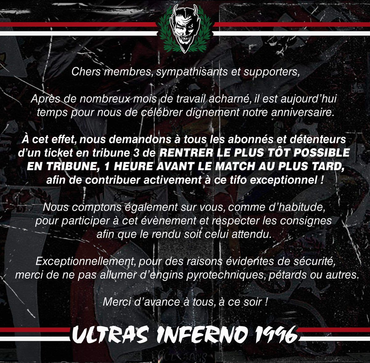 ultrasinferno96's tweet photo. 🔁‼️PARTAGEZ UN MAXIMUM‼️🔁
#TousEnTribune3Dès17h30 https://t.co/vTTPXpywES