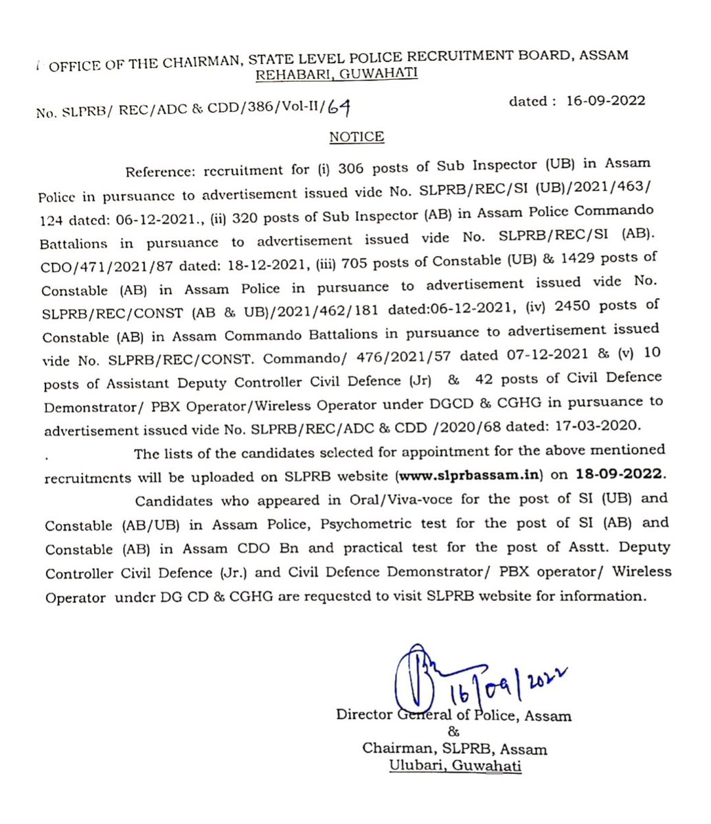DGPAssamPolice's tweet photo. The lists of the selected candidates for appointments in various positions in Assam Police  will be out on 18/09/2022 on the website https://t.co/U3AyrTQ1kw

Please see the notice below- https://t.co/OZQRpxlv7Q