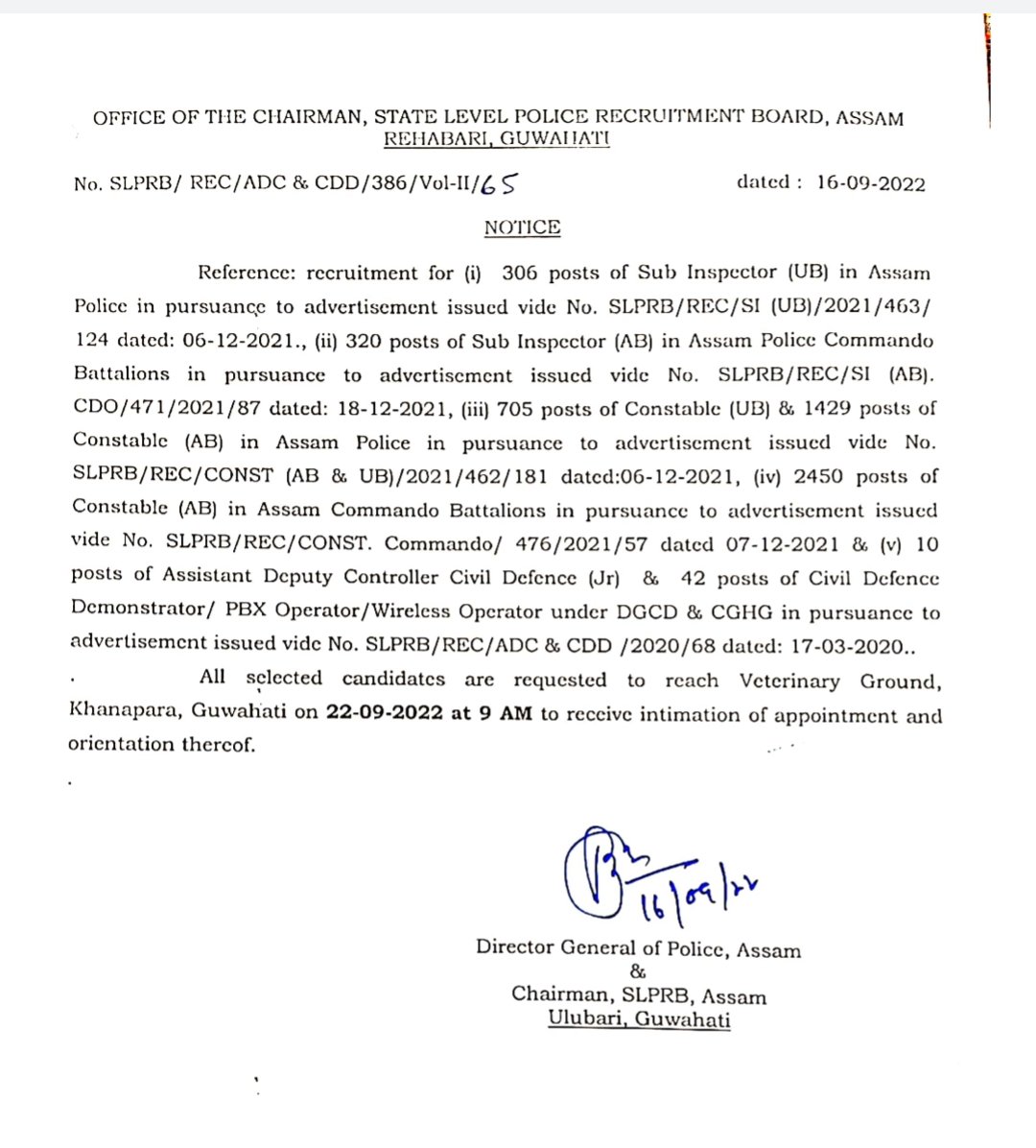 DGPAssamPolice's tweet photo. The selected candidates for the various posts in Assam Police are hereby requested to come to Veterinary Ground, Khanapara by 9:00AM, 22/09/22 to receive Intimation of Appointment and orientation thereof.
Details here- https://t.co/yjywp5U7hc