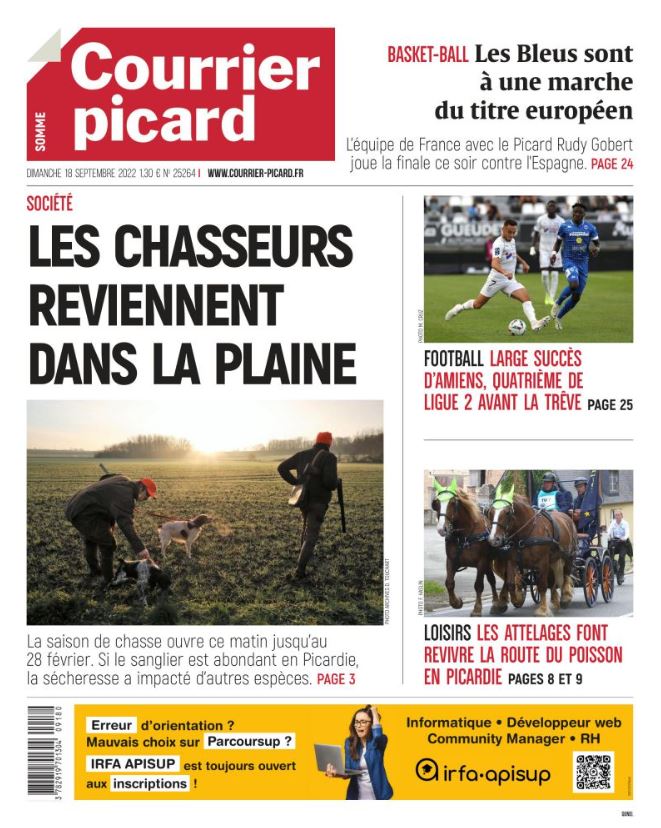 CourrierPicard's tweet photo. Bonjour à tous. À la Une ce matin, plusieurs événements: l'ouverture de la chasse, une finale à gagner pour les basketteurs français, la #RouteduPoisson et la belle victoire de l'@AmiensSC hier soir. Accédez au journal en ligne > https://t.co/42oLe4FCLB https://t.co/kFd1SiZsKx