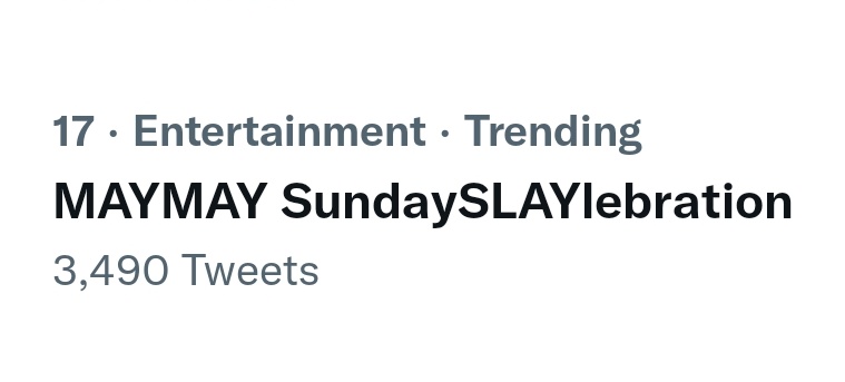 TeamMMEntrata's tweet photo. Our MAYMAY SundaySLAYlebration tagline is still trending at 17th spot nationwide. #MaymayEntrata DT is also trending. #ASAPsuperLODI

@ASAPOfficial @iwantasapofc @olivezarate @darLasauLer @gerromeesguerra @chineebop @starmagicphils
 
MAYMAY SundaySLAYlebration
@maymayentrata07 https://t.co/dVwXxu4zv5