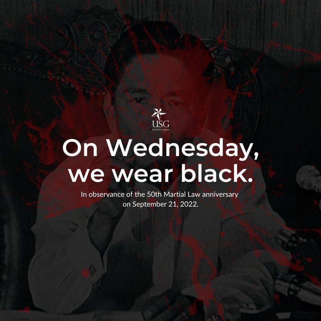 TheLaSallian's tweet photo. UNIVERSITY: To commemorate the 50th anniversary of the Martial Law Declaration, the University Student Government encourages Lasallians to wear black on Wednesday, September 21. | via @usg_dlsu https://t.co/dE96q4ooN0