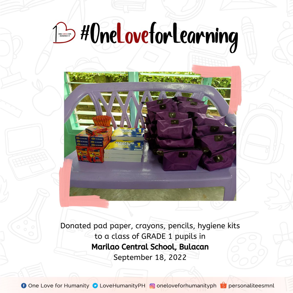 lovehumanityph's tweet photo. #OneLoveForLearning Update: 

Donated school supplies, hygiene kits, alcohol, hand soap to a class in Marilao Central School, Bulacan. 💖

Please keep on supporting our campaign so we can help more students &amp; teachers this school year. 🥰

More info here:
https://t.co/L7UEaE8h7i https://t.co/7qCL4tclg2