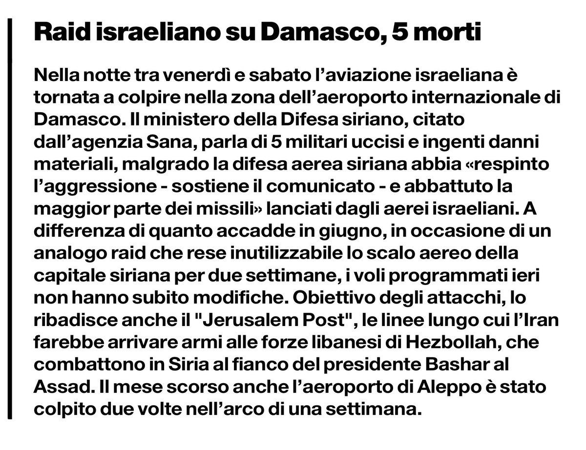 francofontana43's tweet photo. Stati canaglia: raid israeliano su Damasco, 5 morti.
(Va da sé che, in questo caso, lo Stato canaglia è Israele e non la Siria: distinguere tra aggredito e aggressore sempre, non solo quando fa comodo, please)
da @ilmanifesto https://t.co/7Tmxx5zNfJ