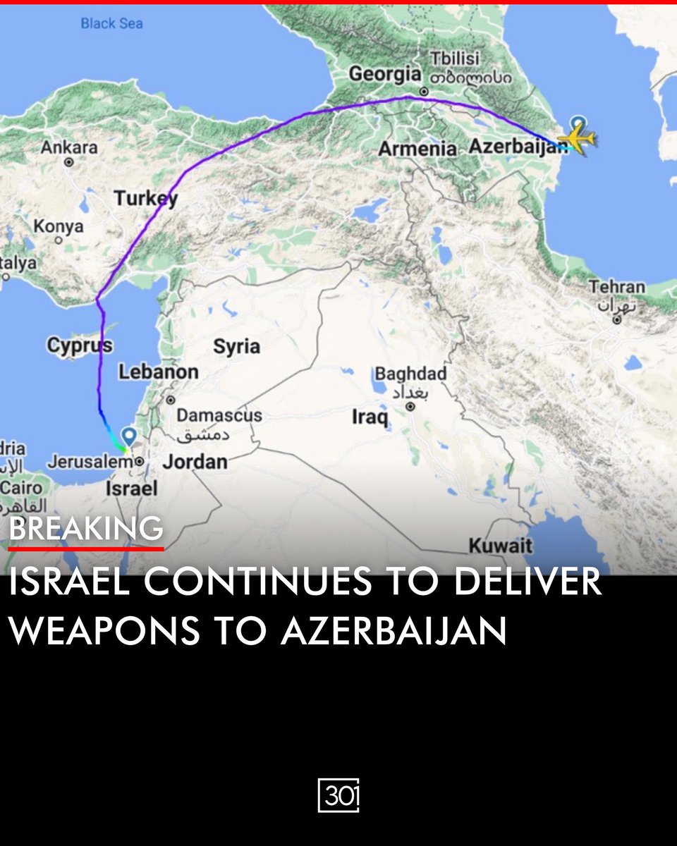 301arm's tweet photo. Earlier today, a cargo plane flight 7L216 with Silkway Airlines took off from Israel and landed in Baku, it is safe to assume this a new delivery of weapons. These flights were frequent during the 2020 Artsakh war. https://t.co/7e5o78FMBQ