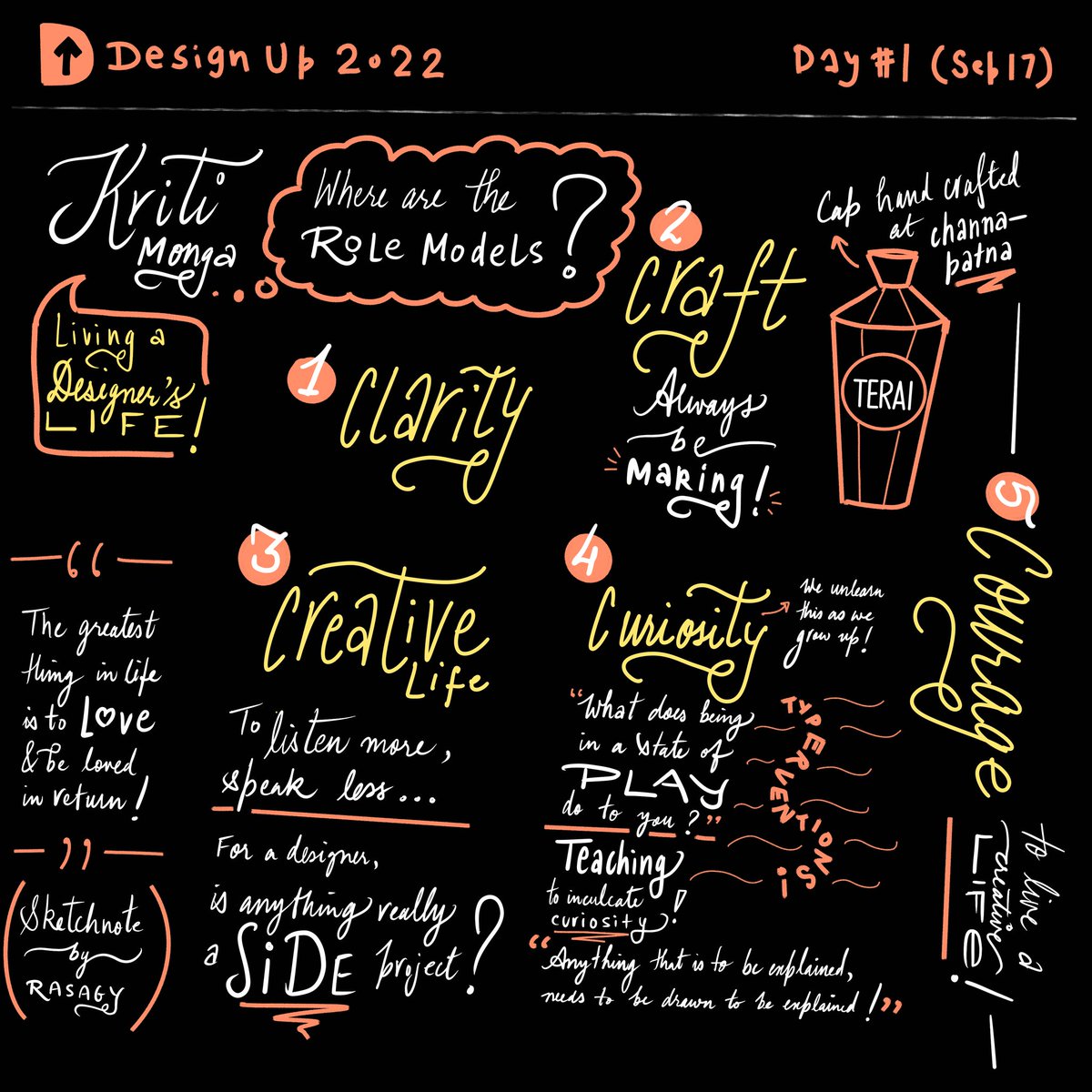 Rasagy Sharma (@rasagy) on Twitter photo Next, we had <a href="/kritimonga/">Kriti Monga</a> speak about living a designer's life. She reflected on her inspiring body of work, teaching & typerventions.
It was great to hear her connect clarity, craft, creativity, curiosity & courage.
#sketchnotes #DesignUp22 5/n Next, we had <a href="/kritimonga/">Kriti Monga</a> speak about living a designer's life. She reflected on her inspiring body of work, teaching & typerventions.
It was great to hear her connect clarity, craft, creativity, curiosity & courage.
#sketchnotes #DesignUp22 5/n