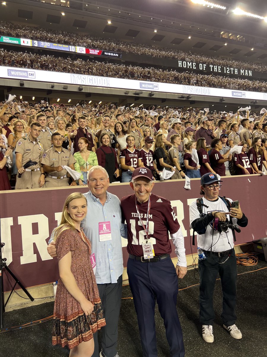 Big Fightin’ Texas Aggie win over Miami with my daughter, Bryn &amp; my long time friend Jim McInvale “Mattress Mac.” So much fun! Whoop! ⁦<a href="/MattressMack/">@MattressMack</a>⁩ ⁦<a href="/44Farms/">44 Farms</a>⁩ ⁦<a href="/AggieFootball/">Texas A&M Football</a>⁩ ⁦@TexasAMVentures⁩ ⁦<a href="/ClayHarris42/">Clay Harris</a>⁩