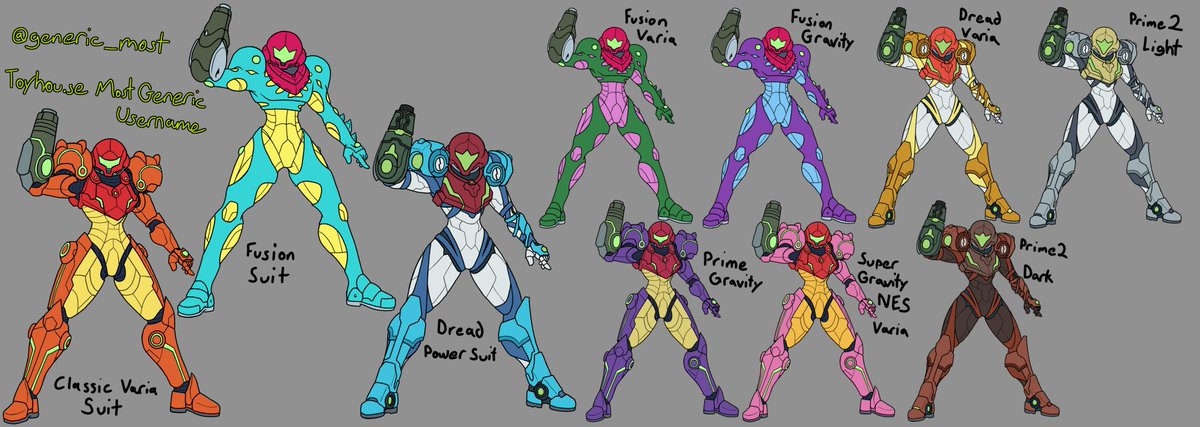 generic_most's tweet photo. A kinda finale to my Samus Moveset stuff, some alt costumes and colors for Samus, one based on each major appearance, slightly altered for Gameplay. #Metroid #MetroidDread #SuperSmashBrosUtlimate #SmashBros #digitalart #commissionsopen #artwork https://t.co/uTUhWvdHCz