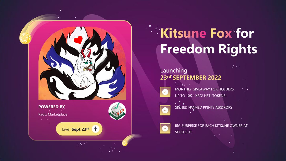 🔴🟠🟡🟢🔵🟣🟤⚫️ #RadFox Kitsune For for Freedom Rights is launching on 23.09.2022 🚀🚀🚀 SAVE THE DATE! 🦊🦊 #Radix $XRD #NFTCommunity #NFTs kitsune-nft.com