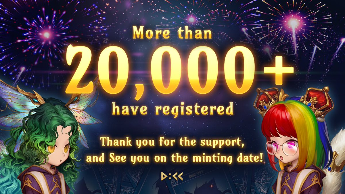 🎉Thank you, Everyone! More than 20,000 people have registered for #NineChronicles #PFP #NFT Project #DCC (🤩Woot-Woot!) And, the #Minting is just around the corner! Don't forget to check out the minting schedule! bit.ly/DCCMintingSche…