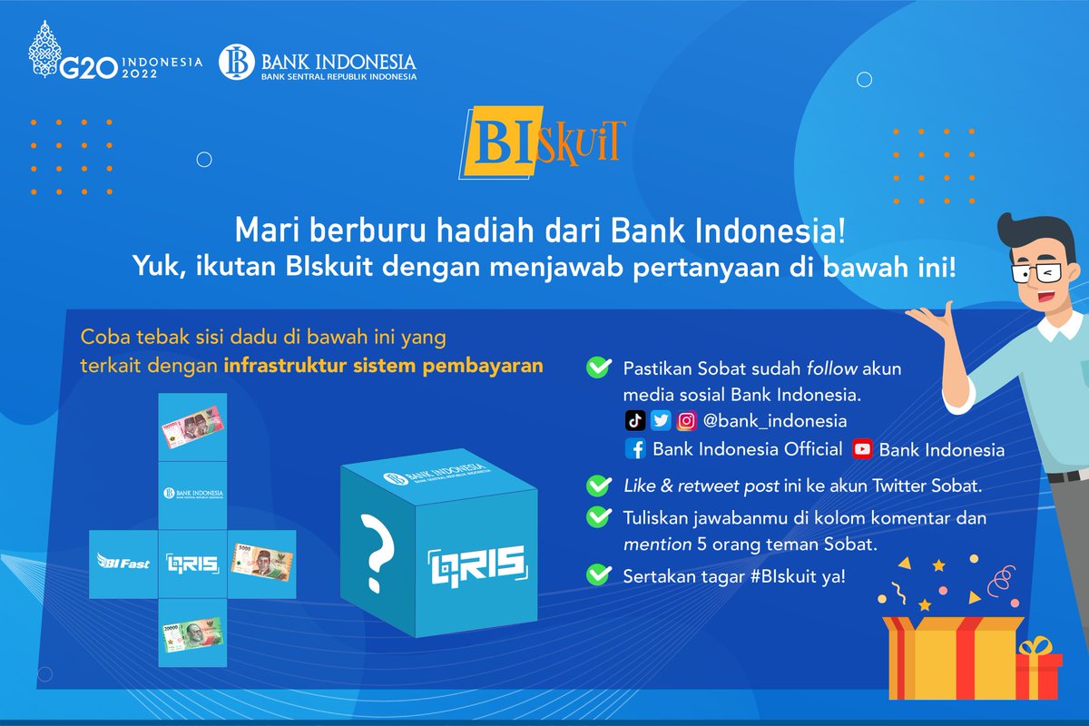 #SobatRupiah #BIskuit hadir kembali! Coba tebak sisi dadu 🎲 sesuai pada gambar di atas. Sebagai petunjuk, jawabannya ini terkait infrastruktur sistem pembayaran ritel nasional yang memfasilitasi pembayaran ritel secara real-time, aman, efisien, dan tersedia setiap saat (24/7).