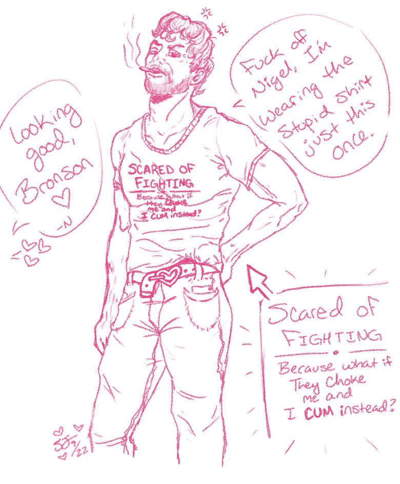 SASarahsunshine's tweet photo. #HEU #BobbyBronson #Roardogs #ROAR In case you can’t read my handwriting, his shirt says “Scared of fighting. Because what if they choke me and I cum instead?”

Thank you @bittercigs_ for the inspo 🥰❤️ https://t.co/aRCsswl6P3
