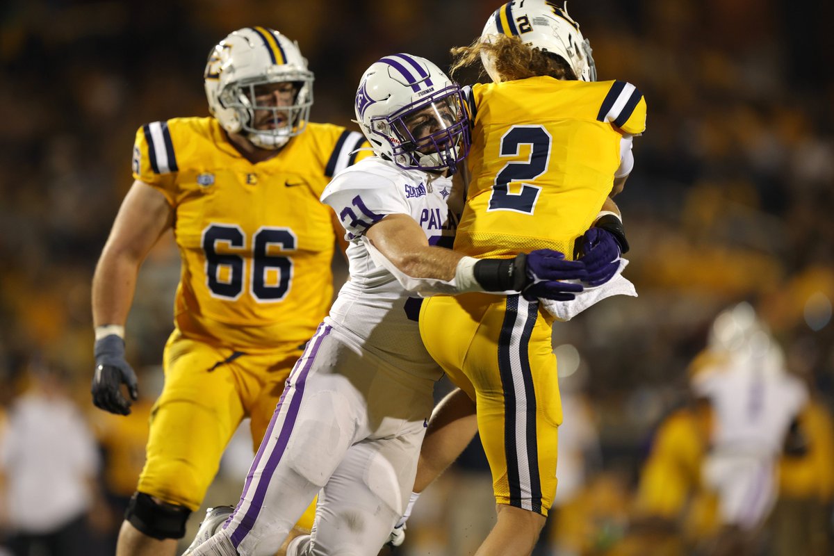 PaladinFootball's tweet photo. Furman's defense sacked ETSU preseason first-time All-SoCon QB Tyler Riddell three times, recorded eight hurries, three interceptions, and only a 50 percent (22-of-44) completion rate in Saturday's 27-14 upset of the FCS 18th-ranked Buccaneers. #FUAllTheTime https://t.co/YY9yeLWcWt