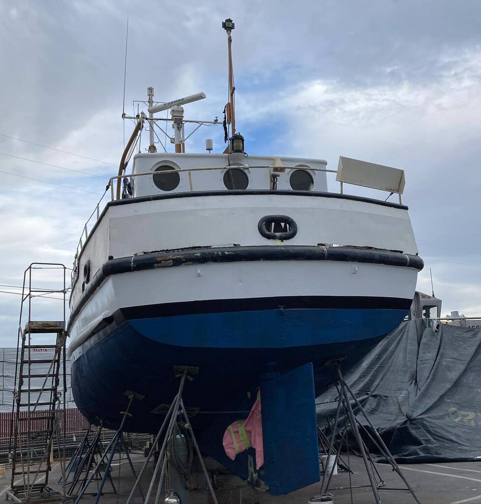 SSSGryphon's tweet photo. The crew went up to @svendsensbaymarine in Richmond today to continue our haul out by repainting the hull of the Gryphon. We applied epoxy and antifouling paint in order to get the boat ready to get back in the water. We love the new blue look our hull has!

#seascouts #sssg… https://t.co/AMQNALoYup