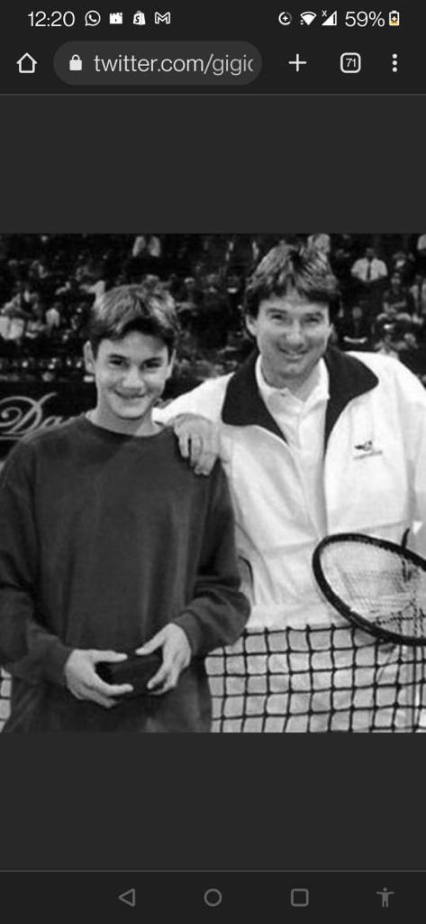 AnanthOnTrack's tweet photo. Ball boy Federer with the legendary Jimmy Connors, who said after Federer's retirement, "In the modern game of tennis, you are either a Clay Court specialist, or a Grass Court specialist, or a Hard Court Specialist or you are Roger Federer." What a tribute! #RogerFederer https://t.co/j8MfhXcEia