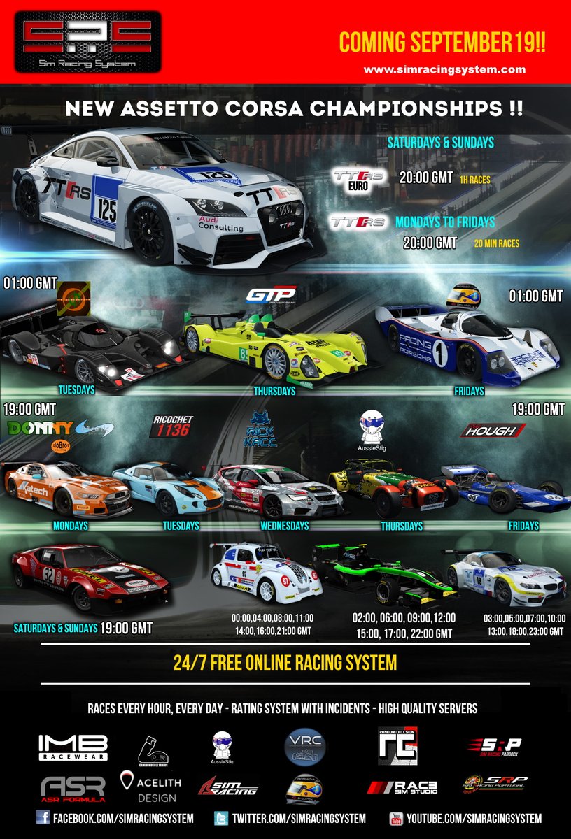 SimRacingSystem's tweet photo. New #AssettoCorsa championships at #simracingsystem starting September 19!!
daily Audi TT VLN, GT3, GP3 and Funcup UK. Check out more champs @prosimracingtv @zer0bandwidth @AussieStig_ @Ricochet1136 https://t.co/OjztWJvSYT https://t.co/Mz6RjKkhzh