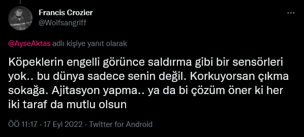 Az insan bol köpek; hayvansever değil mizantropist Başıboş köpekler yüzünden sorun yaşayan engelli bireye 'merhamet/ sevgi' soslu cevaplar Türkiye'de başıboş köpekler üzerinden mizantropi (insan düşmanlığı) yapılmaktadır Mizantropistler toplum için bir tehdittir #KöpekSorunu