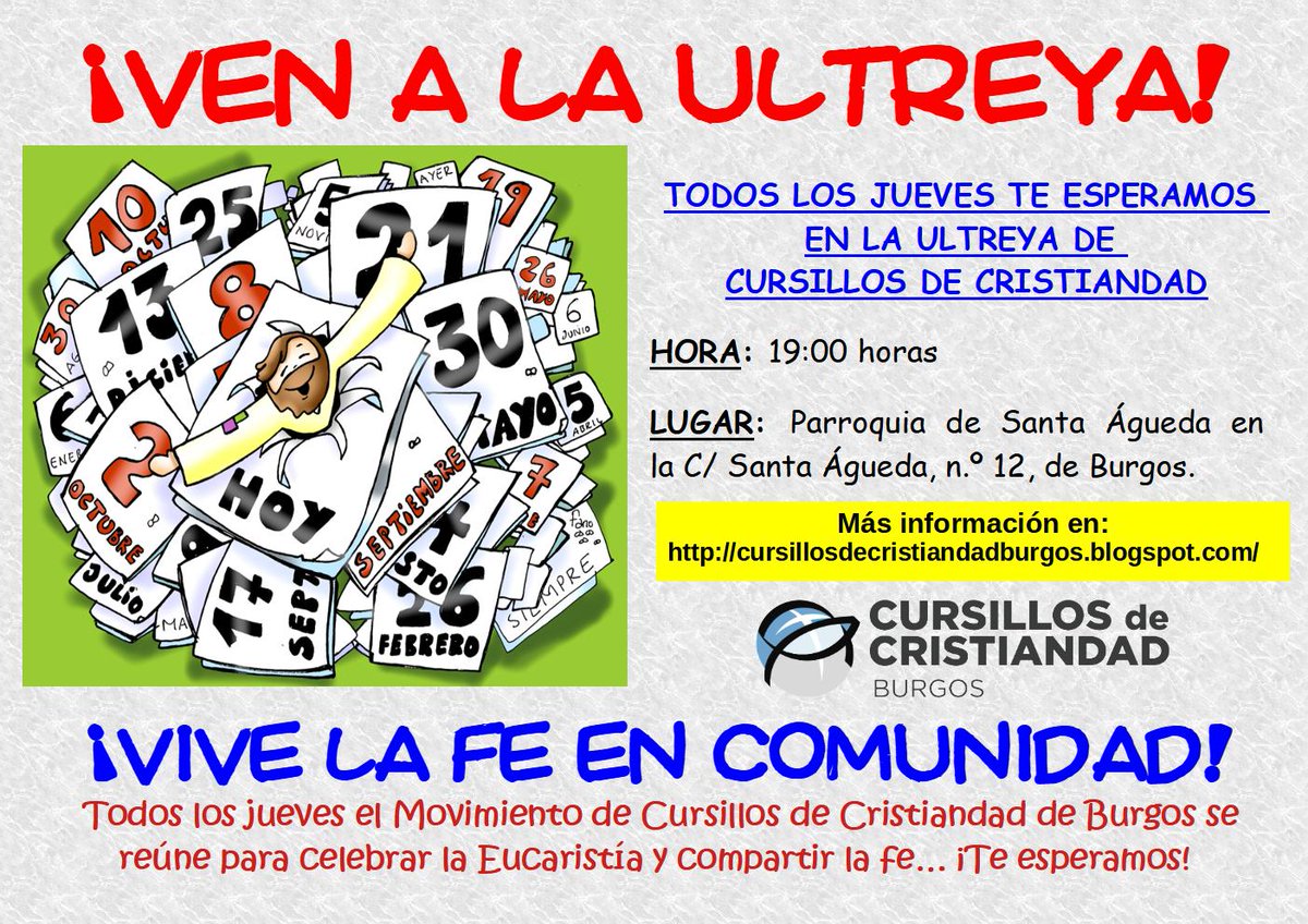 ¡Comenzamos las Ultreyas! Este jueves, 22 de septiembre, el Movimiento de #CursillosdeCristiandad de <a href="/archiburgos/">Archidiócesis de Burgos</a> empieza las Ultreyas, en la Parroquia de Santa Águeda, a las siete de la tarde... ¡Te esperamos! ¡Contamos contigo! #DeColores #Burgos …illosdecristiandadburgos.blogspot.com/2022/09/comenz…