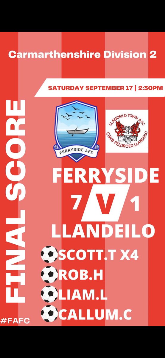 Fantastic win for the Ferry! Well done to @Scottiethomas07 with the 4 goals and 1 each for <a href="/RHammond94/">Rob Hammond</a> and Callum and Liam. #uptheferry