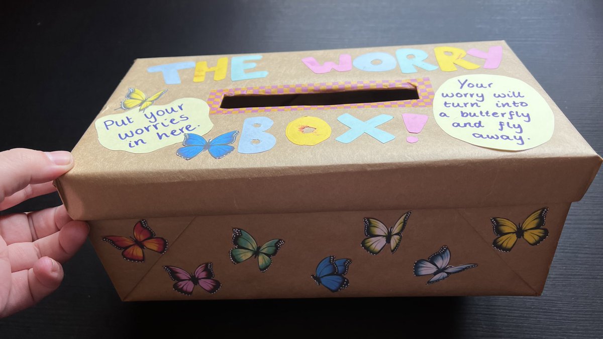 misseporter's tweet photo. It's taken me hours, but I've finally completed the Worry Box for my PSHE lesson on Wednesday. It will be my first ever time teaching and I'm so excited to be doing this! #theworrysaurus #worrybox #education #edutwitter https://t.co/VMHpzUvHyO