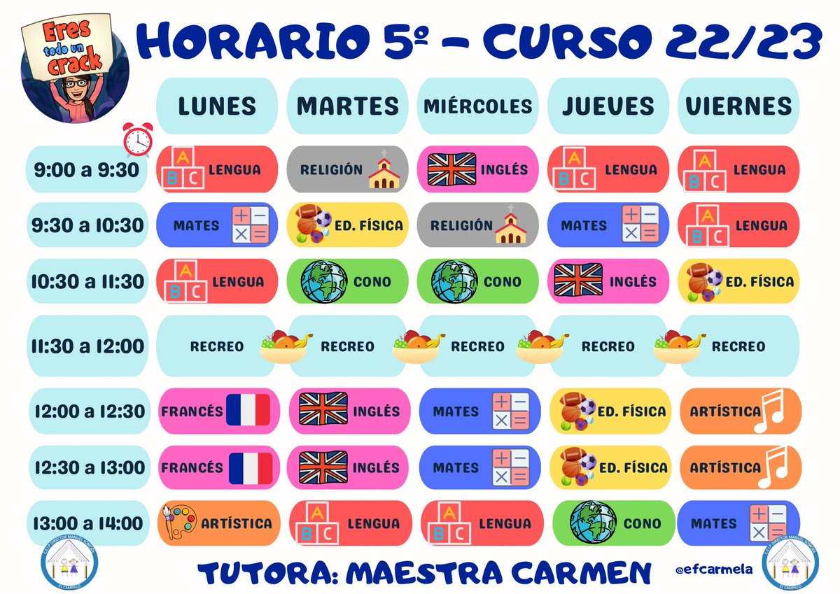 EFCarmela's tweet photo. Preparado el horario de nuestra tutoría, 5o Ed. Primaria para que nuestros/as alumnos/as lo puedan visualizar, tanto en clase, como a través de Google ClassRoom.
La primera parte de este camino es motivarlos a que caminen junto a  nosotros/as.
En #CEIPDirectorManuelSomoza es así. https://t.co/axoiYLtCmI