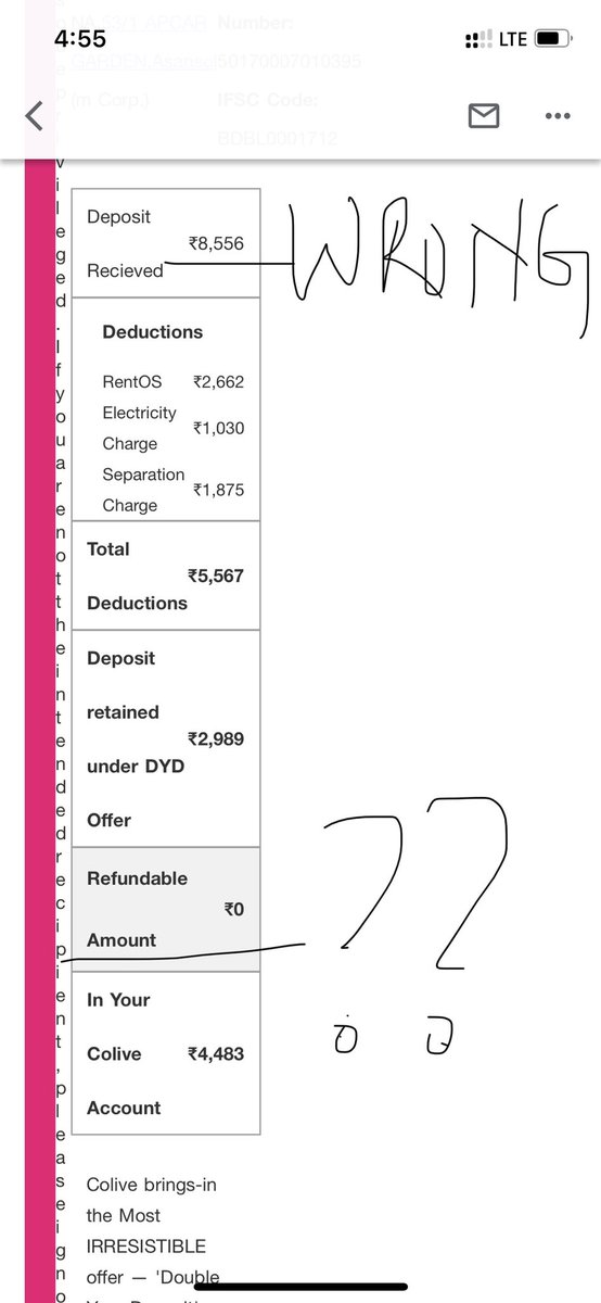 DrishtyWadhwani's tweet photo. I stayed at Rochester 799 Blr & not getting response from colive.I had paidRs.12k deposit. I was assured by colive that only 25%of rent(Rs6k)& last month electricity charges will be deducted. I had no O/S rent.They have sent a settlement 0 refund. @Lets_Colive @sureshrangaraj https://t.co/YdAqUCpphq