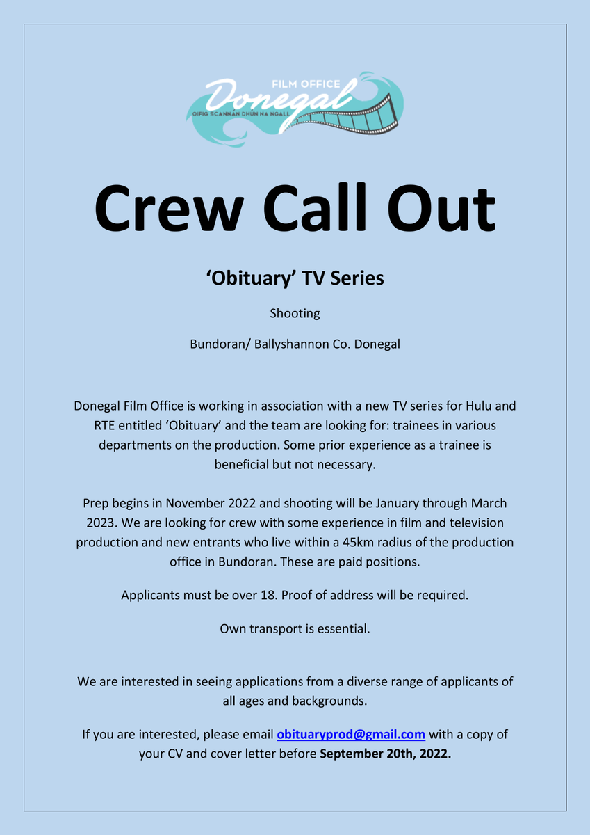donegalcouncil's tweet photo. The @donegalfilm office has been working with Magamedia assisting them locate their new production "Obituary" to the county. Shooting in Budoran/ Ballyshannon Area the team are now looking for crew from the county.
Full details - https://t.co/27udUiZGea
#Donegal #YourCouncil https://t.co/7KdVDJiiiI