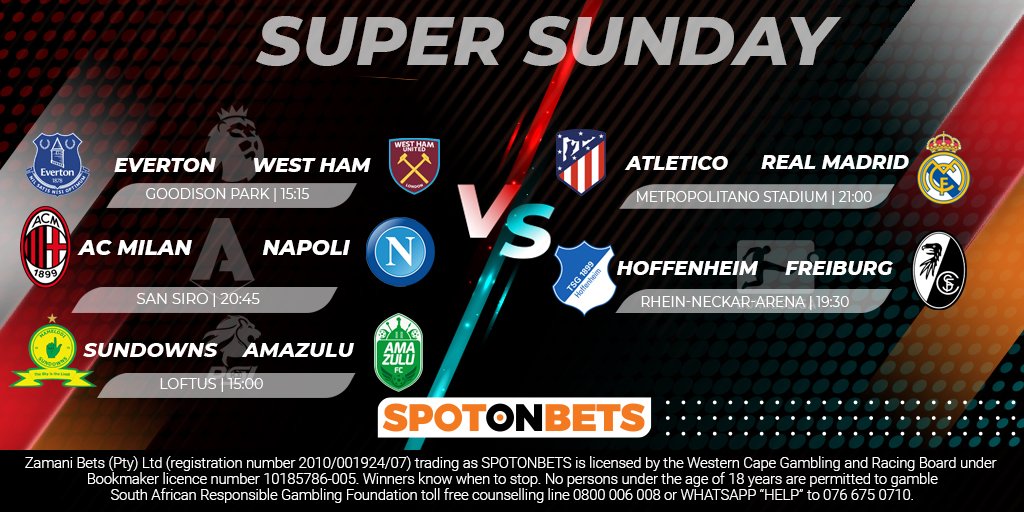 SpotonbetsZA's tweet photo. There are some interesting fixtures today around the world including the #MadridDerby, this is #SuperSunday #SizenzaZonke

Bet on these games and more here>>>https://t.co/XQyXPIXQZs https://t.co/m3UzcNKTQW