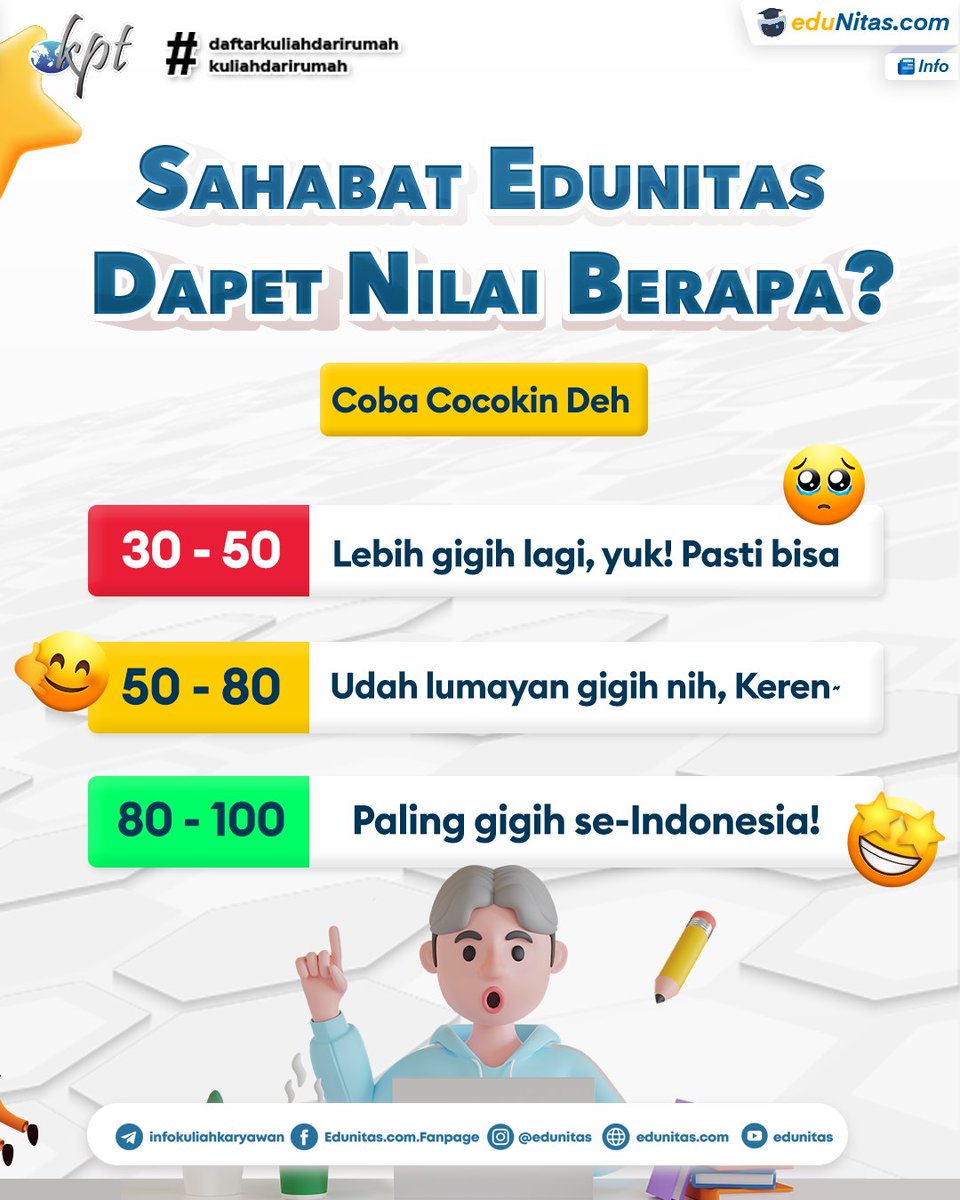 edunitas's tweet photo. Saatnya tunjukin semangat belajar sahabat eduNitas dengan tuliskan skornya di kolom komentar! 🔥
#tips #arcade #infomahasiswa #savetember #promoseptember #diskonseptember #diskonkuliah #promokuliah #infopmb #promokuliah #edunitas #kuliahkaryawan #kampusberkualitas #kuliahonline https://t.co/B4mwaybK0k