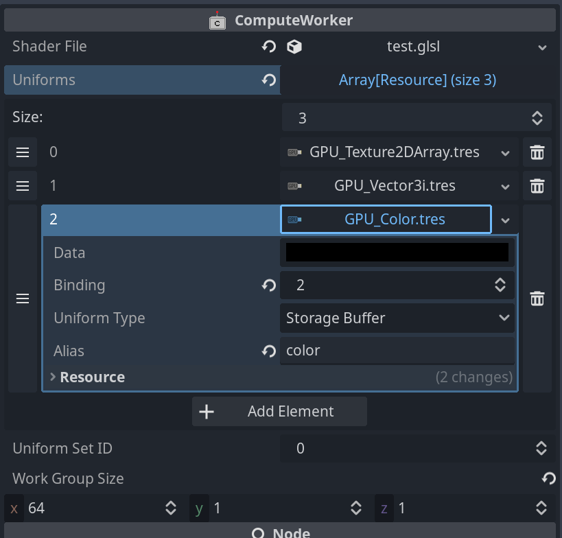 WardensDev's tweet photo. You just drag and drop the custom resources in the the Uniforms array, set your bindings and uniform type and it handles the rest. ComputeWorker provides functions for setting and getting data from the uniforms. https://t.co/c2B9SkSDdi