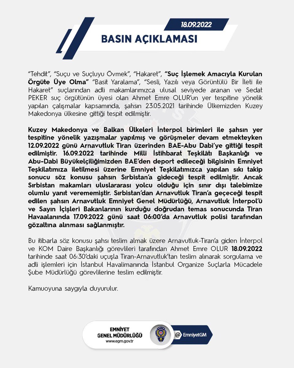 EmniyetGM's tweet photo. Adli makamlarımızca çok sayıda suçtan dolayı aranan Ahmet Emre Olur’un, Arnavutluk’tan teslim alınarak Ülkemize getirilişi hakkında👇 https://t.co/tHawgQN6gW
