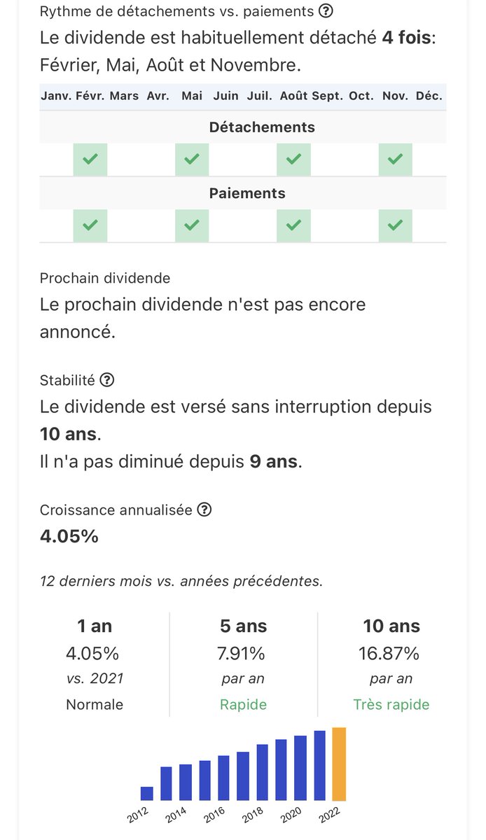 9. Rendement bourse (site) 

Trouvez facilement des informations sur le dividende versé par  une entreprise :

- La date de détachement du dividende 
- Depuis combien de temps il est versé 
- Son évolution 

Tapez simplement le nom de l'entreprise dans la barre de recherche.