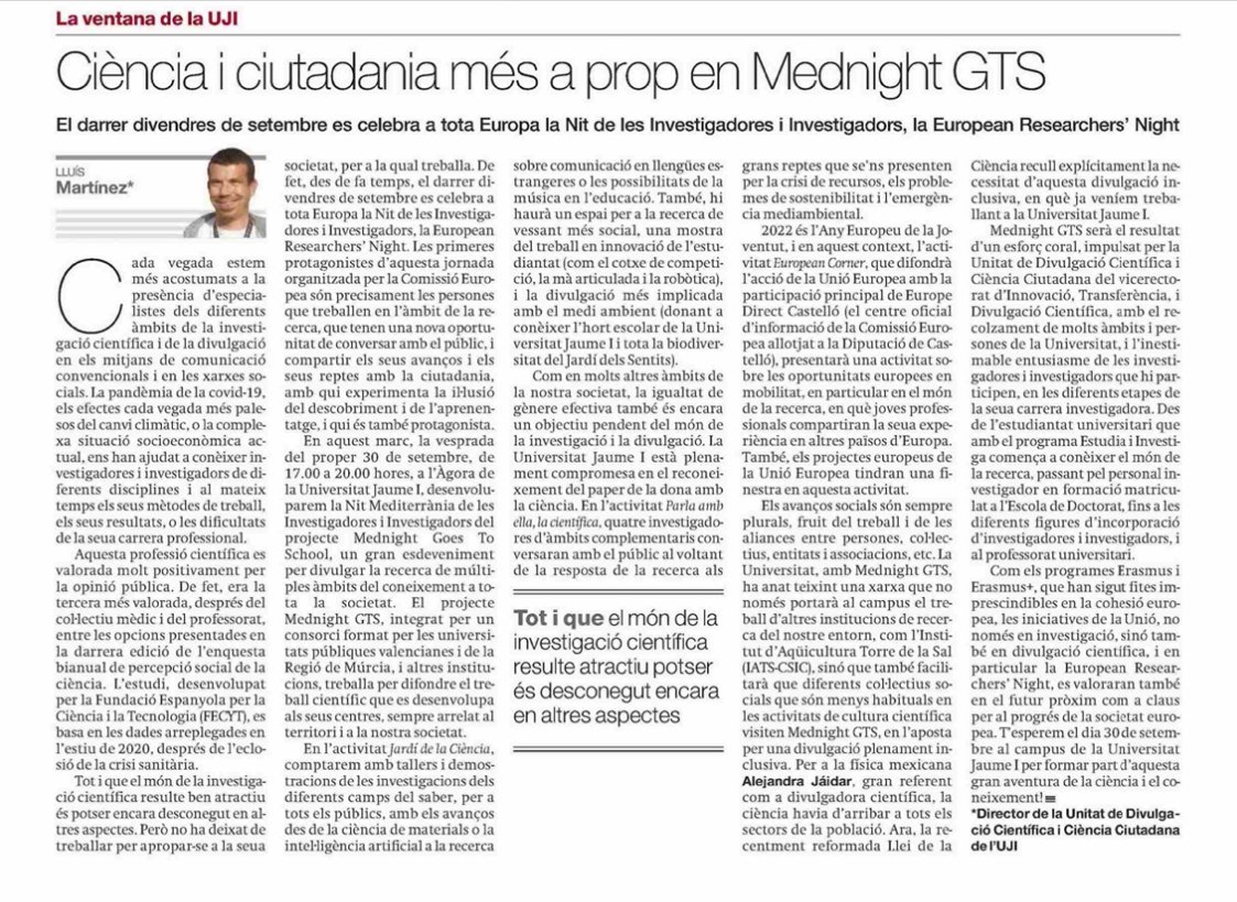 Francesc Esteve (@francescesteve) on Twitter photo "Ciència i ciutadania més a prop en Mednight GTS" article de <a href="/ElCarraixet/">Lluís Martínez León</a> publicat avui en La ventana de UJI del <a href="/epmediterraneo/">El Periódico Mediterráneo</a>, en relació amb la European Researchers' Night, un esforç coral per la divulgació científica. elperiodicomediterraneo.com/opinion/2022/0… "Ciència i ciutadania més a prop en Mednight GTS" article de <a href="/ElCarraixet/">Lluís Martínez León</a> publicat avui en La ventana de UJI del <a href="/epmediterraneo/">El Periódico Mediterráneo</a>, en relació amb la European Researchers' Night, un esforç coral per la divulgació científica. elperiodicomediterraneo.com/opinion/2022/0…