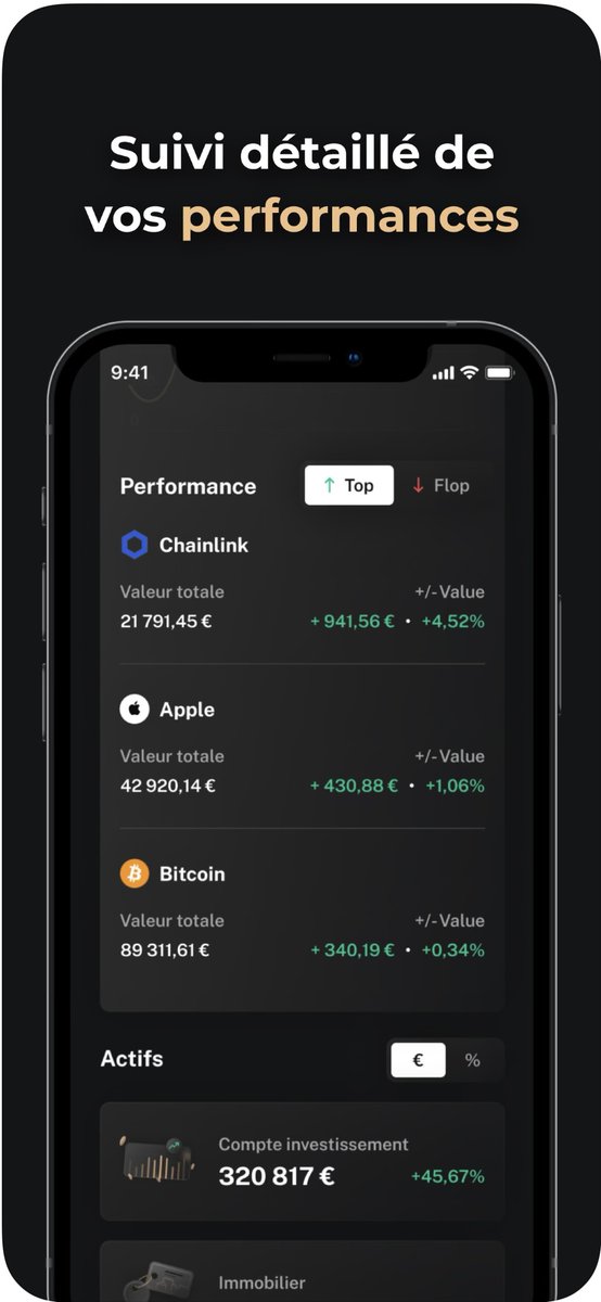 10. Finary (App) 

Suivez l'évolution de votre patrimoine dans une seule application en ajoutant tous vos comptes :  

- actions
- cryptos
- Épargne 
- Emprunt 
- Immobilier 

Si vous souhaitez créer un compte : finary.com/referral/70ebc…