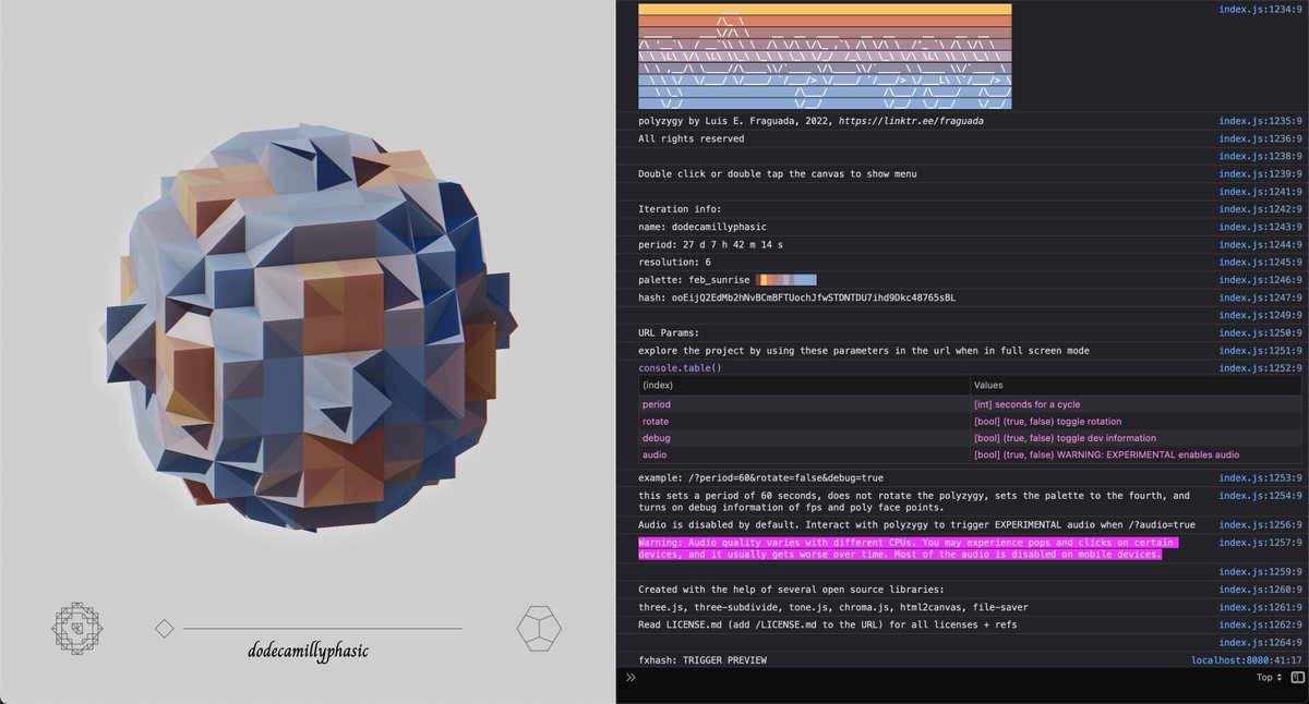 polyzygy console 

go to full screen and open up the console to get some info on the iteration.

fxhash.xyz/generative/194…