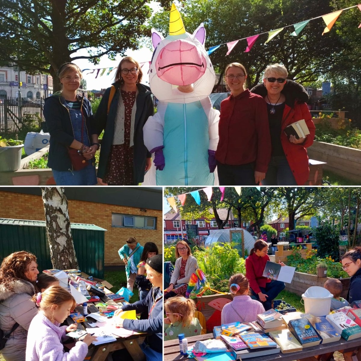 DeutschCentre's tweet photo. We all had a lovely time at @EmmelinesPantry's fundraiser yesterday! We raised a total of £72 for the local foodbank by swapping/selling books, reading a story and making bookmarks. Thanks for having us 📚🌞🦄

#DeedsNotWords #GermanCommunity #Manchester https://t.co/z2fcWKcsvi