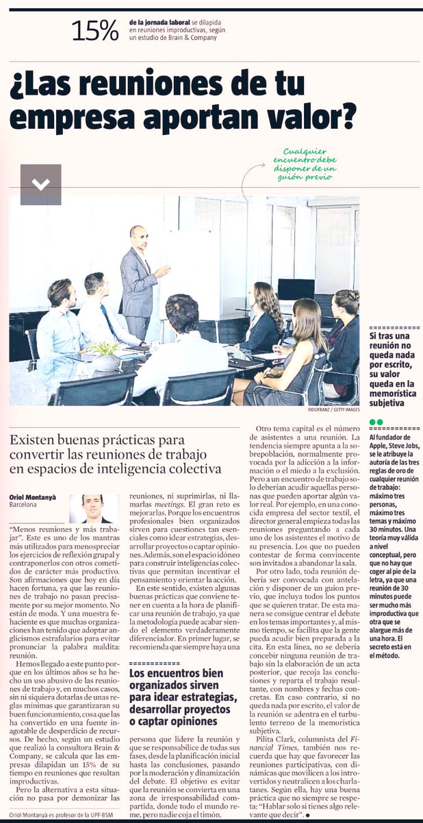 javigalvarez's tweet photo. “Se calcula que las empresas dilapidan un 15% de su tiempo en reuniones improductivas”
Hoy @oriolmv en @LaVanguardia aborda la reunionitis con preguntas claves (Qué, para qué, cómo, cuándo y sobre todo quién y para quienes)
¿Las reuniones de tu empresa aportan valor? https://t.co/aWwsosAk83